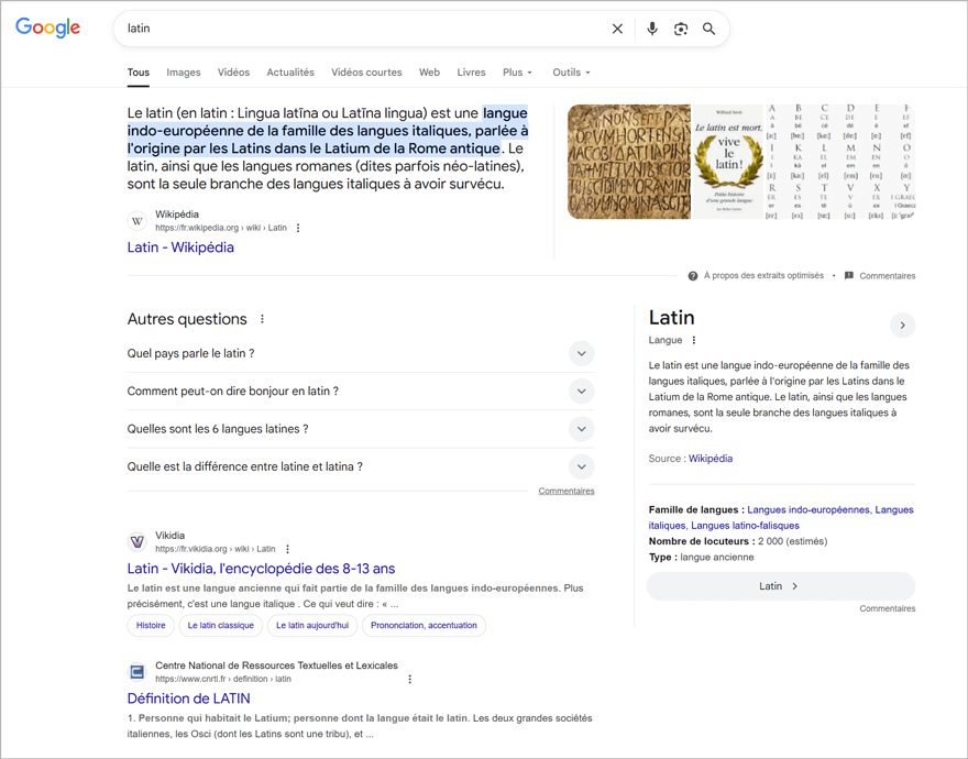 copie d'écran d'une recherche Google sur le mot latin